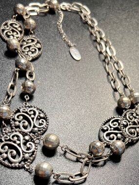Vintage 60's Jules B. Silver Tone Scroll Disk Disco Bead Necklace